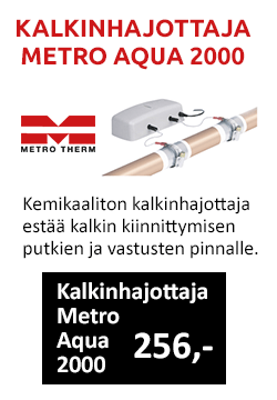Metro Aqua 2000 kalkinhajoittaja estää kalkin kiinnittymisen putkiin ja vastuksiin. Hinta 256€