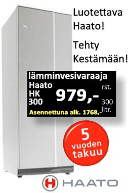 Modulimallinen Haato HK 300 litran lämminvesivaraaja hinta 979 €. Asennettuna 1 768 €.Luotettava Haato! 5-vuoden täystakuu!